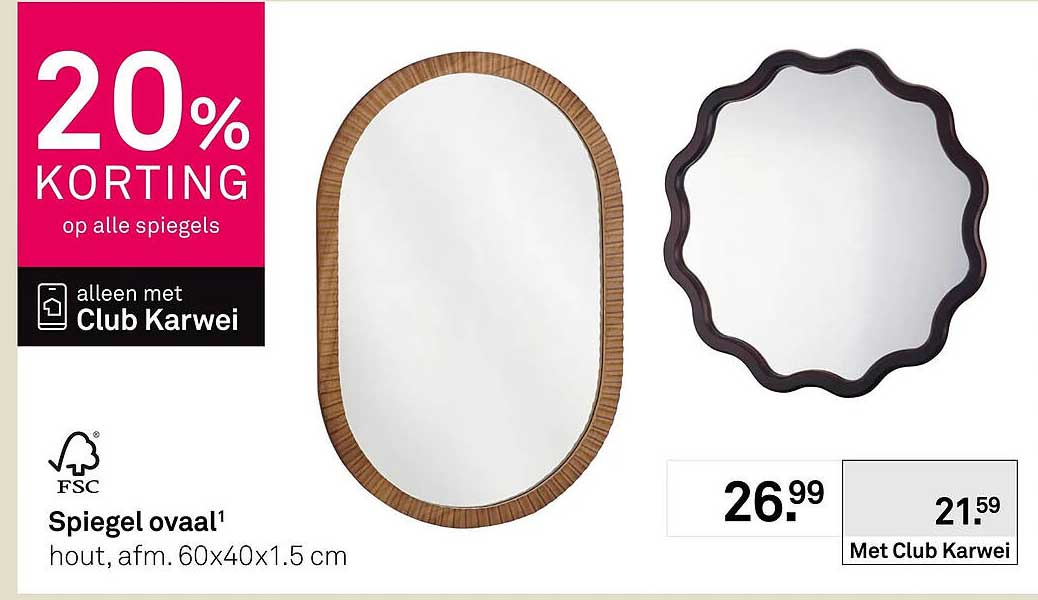 Spiegel ovaal hout, afm. 60x40x1.5 cm 20% KORTING