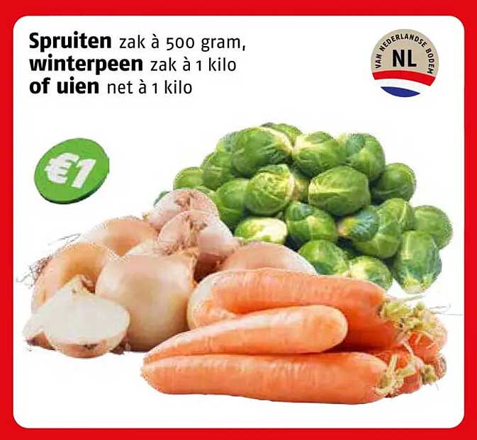 Spruiten zak à 500 gram, winterpeen zak à 1 kilo of uien net à 1 kilo