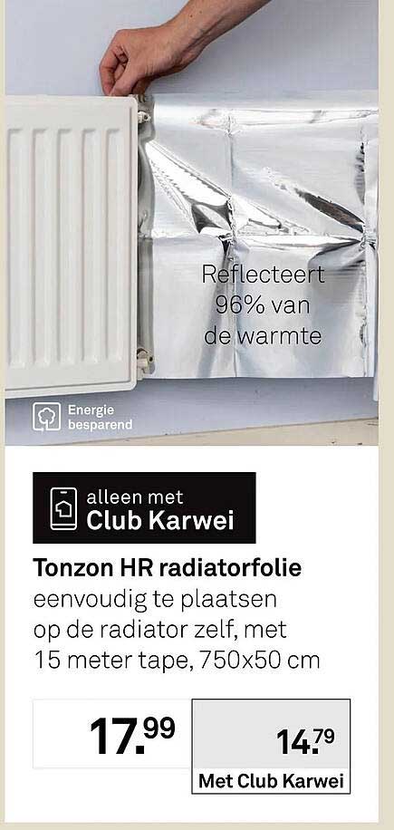 Tonzon HR radiatorfolie eenvoudig te plaatsen op de radiator zelf, met 15 meter tape, 750x50 cm