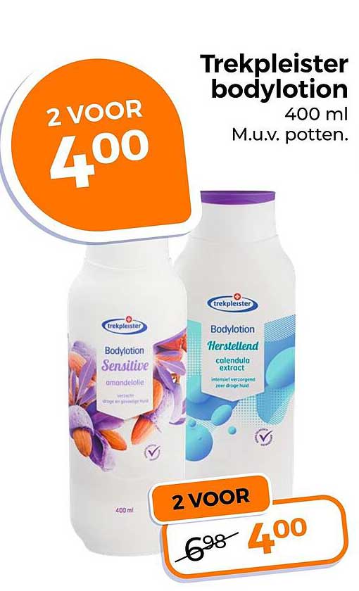 Trekpleister bodylotion 400 ml M.u.v. potten. 2 voor 4,00