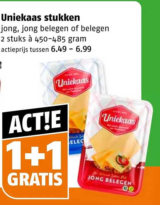 Uniekaas stukken jong, jong belegen of belegen 2 stuks à 450-485 gram ACT!E 1+1 GRATIS