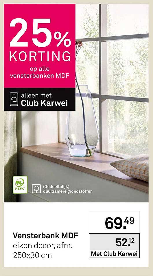 Vensterbank MDF eiken decor, afm. 250x30 cm 25% KORTING