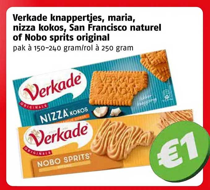 Verkade knappertjes, maria, nizza kokos, San Francisco naturel of Nobo sprits original