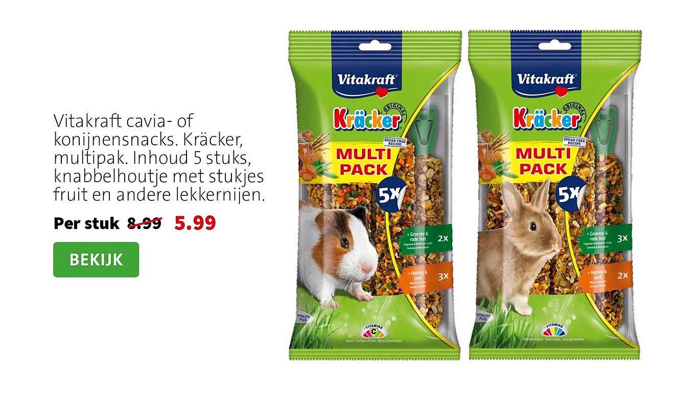 Vitakraft cavia- of konijnensnacks. Kräcker, multipak. Inhoud 5 stuks, knabbelhoutje met stukjes fruit en andere lekkernijen.