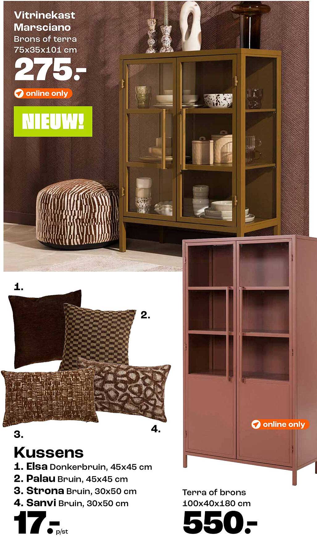 Vitrinekast Marsciano Brons of terra 75x35x101 cm online only NIEUW!