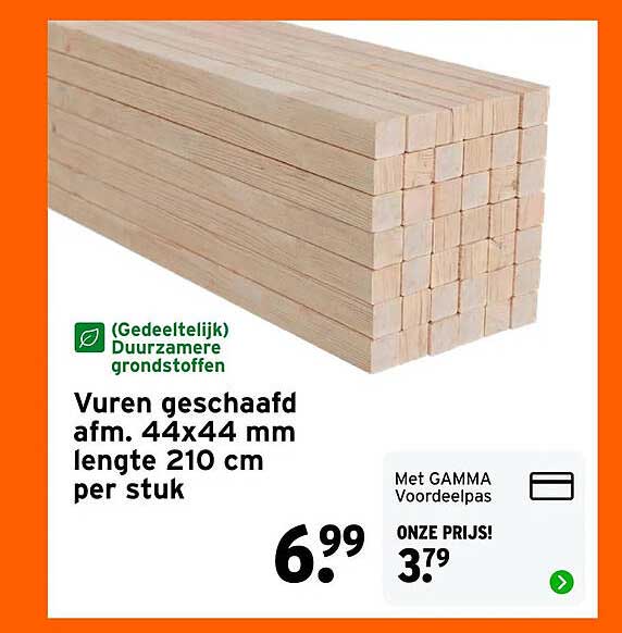 Vuren geschaafd afm. 44x44 mm lengte 210 cm per stuk