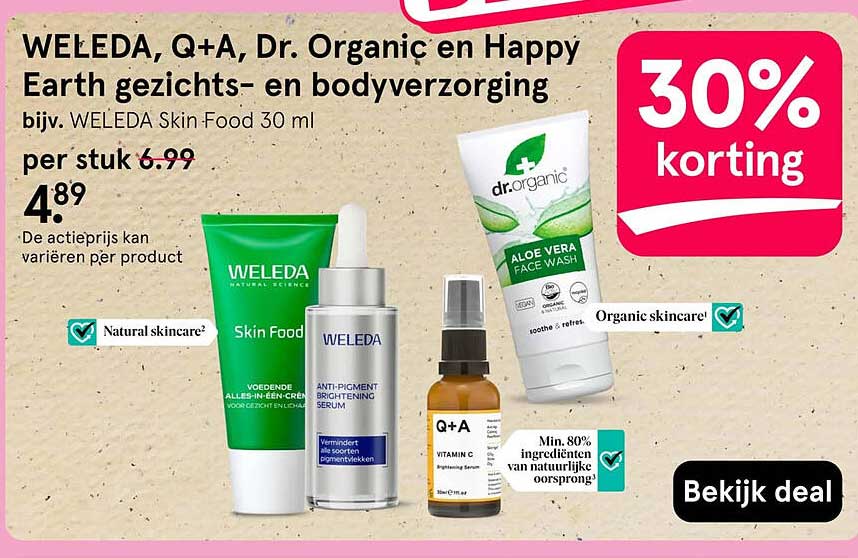 WELEDA, Q+A, Dr. Organic en Happy Earth gezichts- en lichaamsverzorging 30% korting