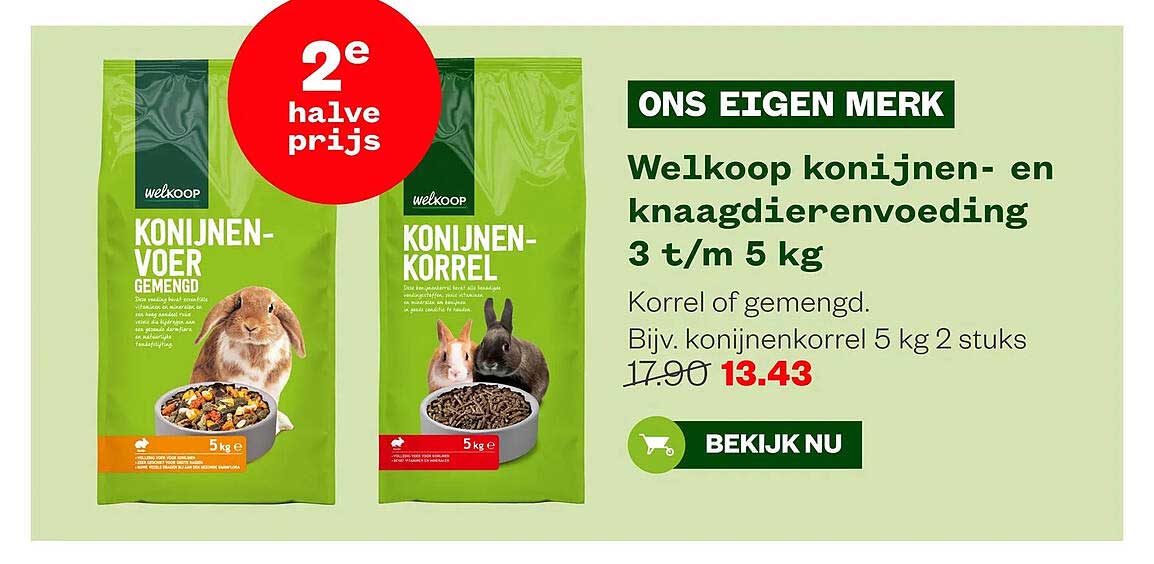 Welkoop konijnen- en knaagdierenvoeding 3 t/m 5 kg 2e halve prijs