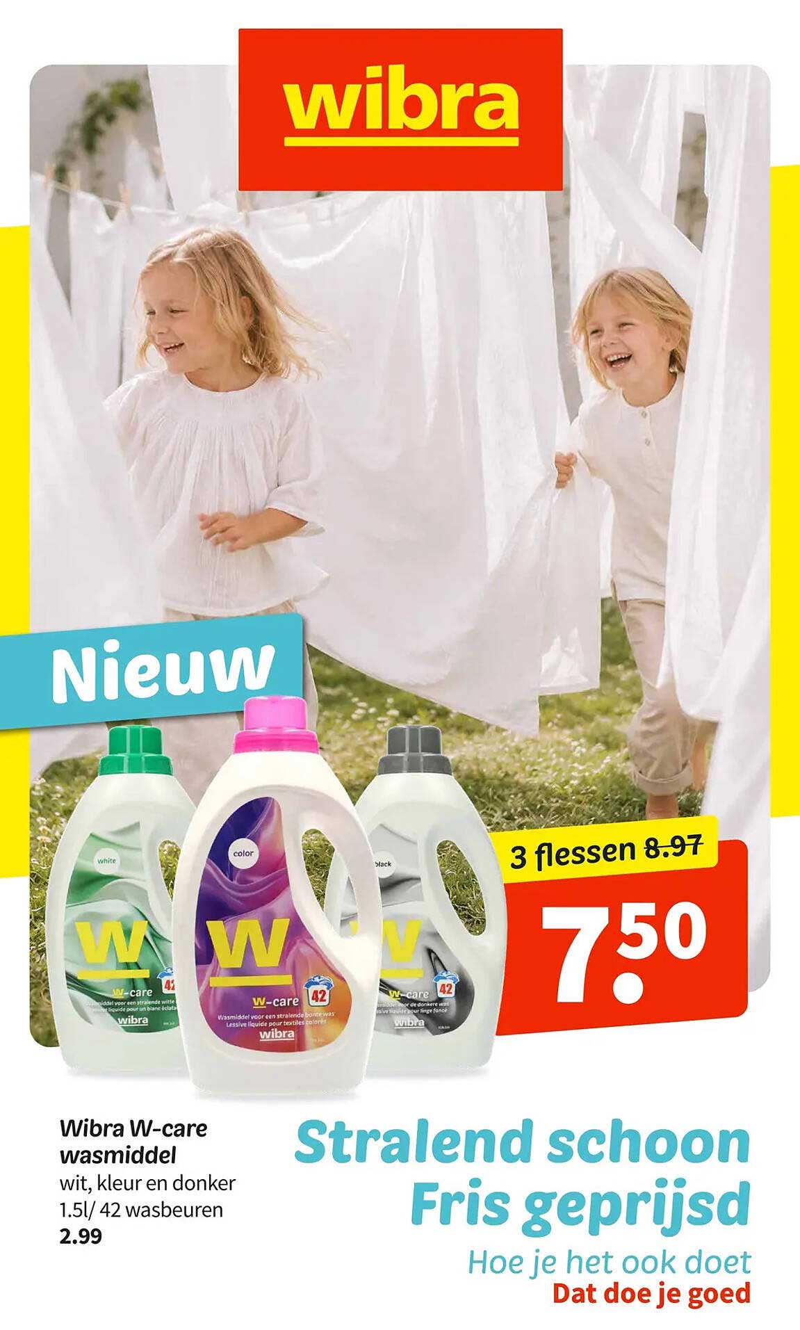 Wibra W-care wasmiddel wit, kleur en donker 1.5l/ 42 wasbeuren