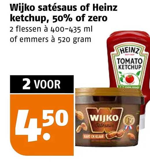 Wijko satésaus of Heinz ketchup, 50% of zero 2 flessen à 400–435 ml of emmers à 520 gram