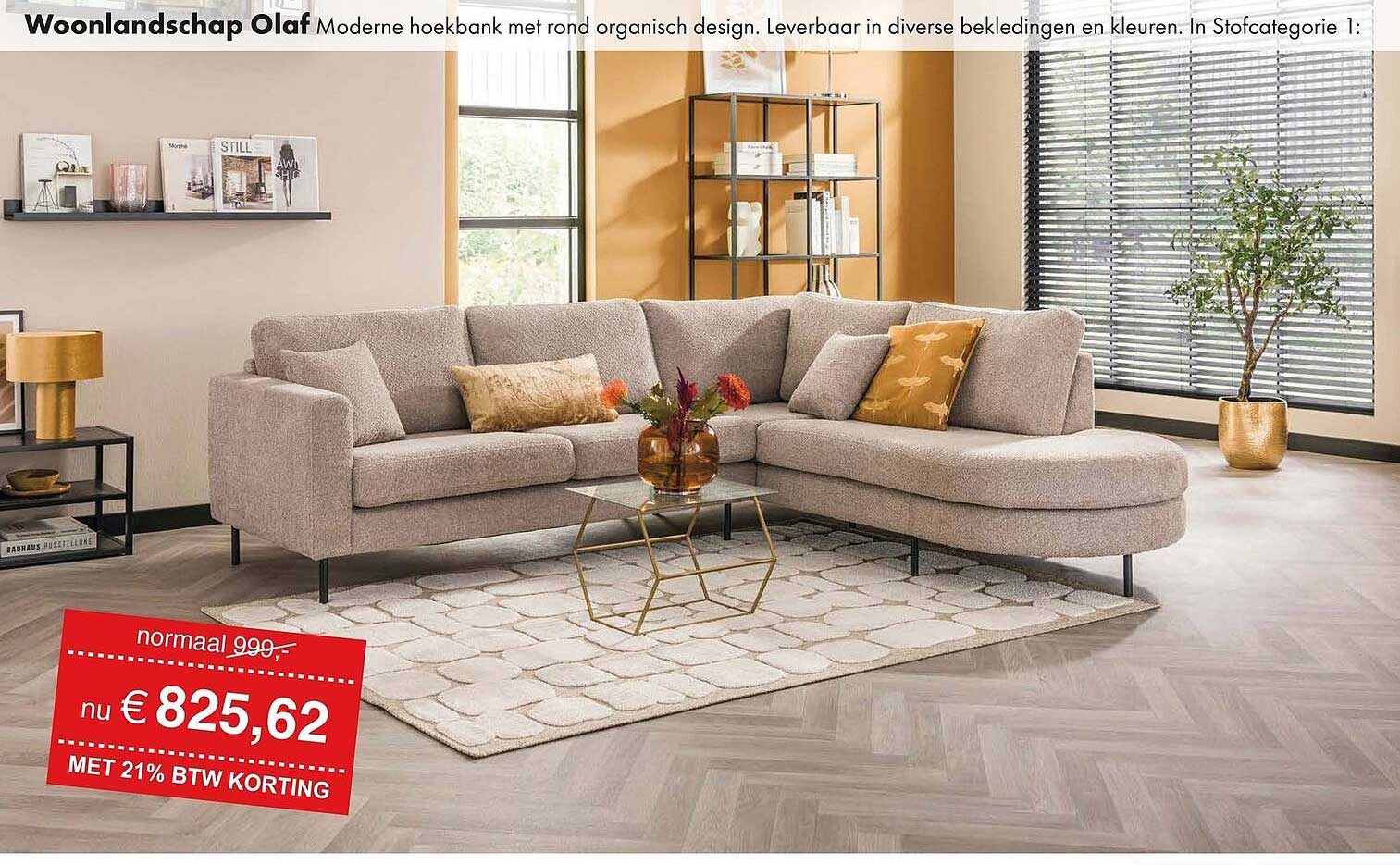 Woonlandschap Olaf Moderne hoekbank met rond organisch design. Leverbaar in diverse bekledingen en kleuren. In Stofcategorie 1
