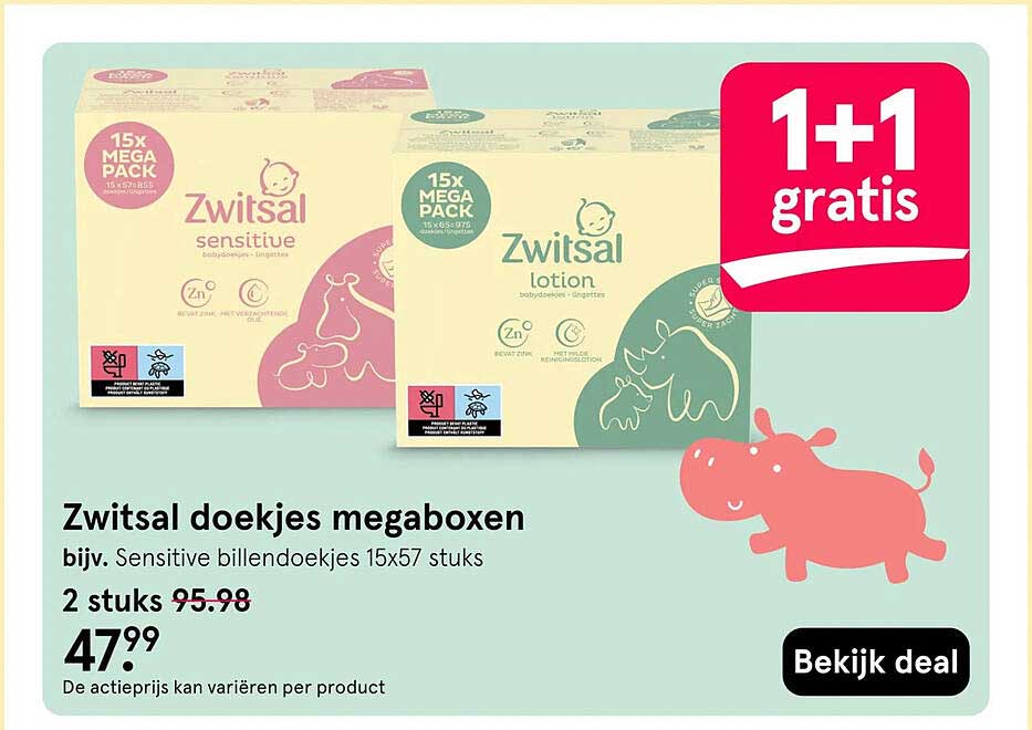 Zwitsal doekjes megaboxen 1+1 gratis