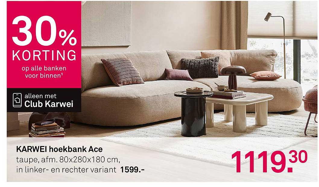 KARWEI hoekbank Ace taupe, afm. 80x280x180 cm, in linker- en rechter variant