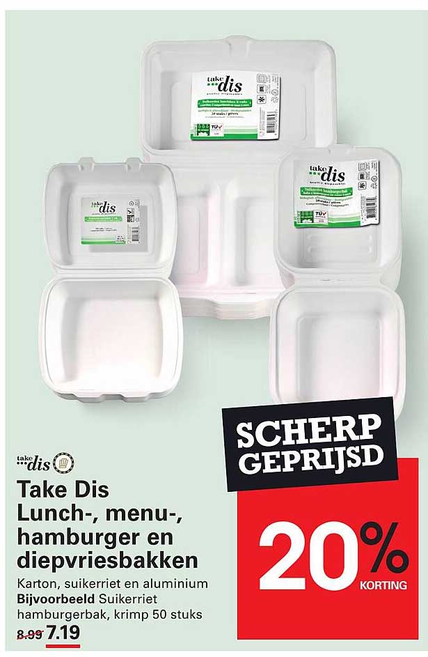 Take Dis Lunch-, menu-, hamburger en diepvriesbakken