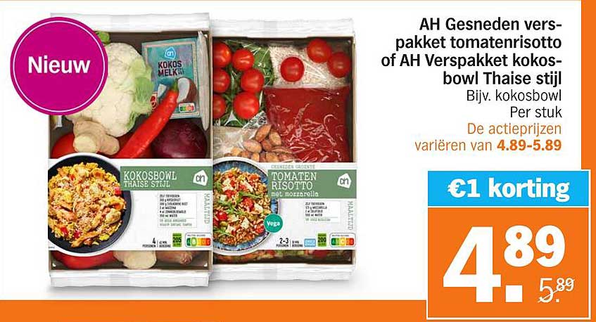 AH Gesneden verspakket tomatenrisotto of AH Verspakket kokosbowl Thaise stijl