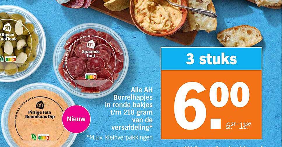 Alle AH Borrelhapjes in ronde bakjes t/m 210 gram van de versafdeling