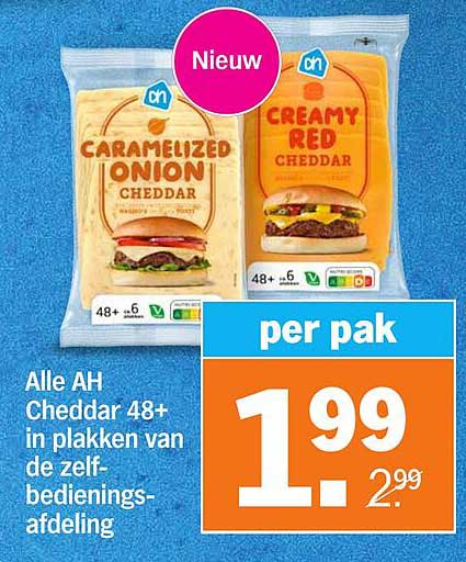 Alle AH Cheddar 48+ in plakken van de zelfbedieningsafdeling