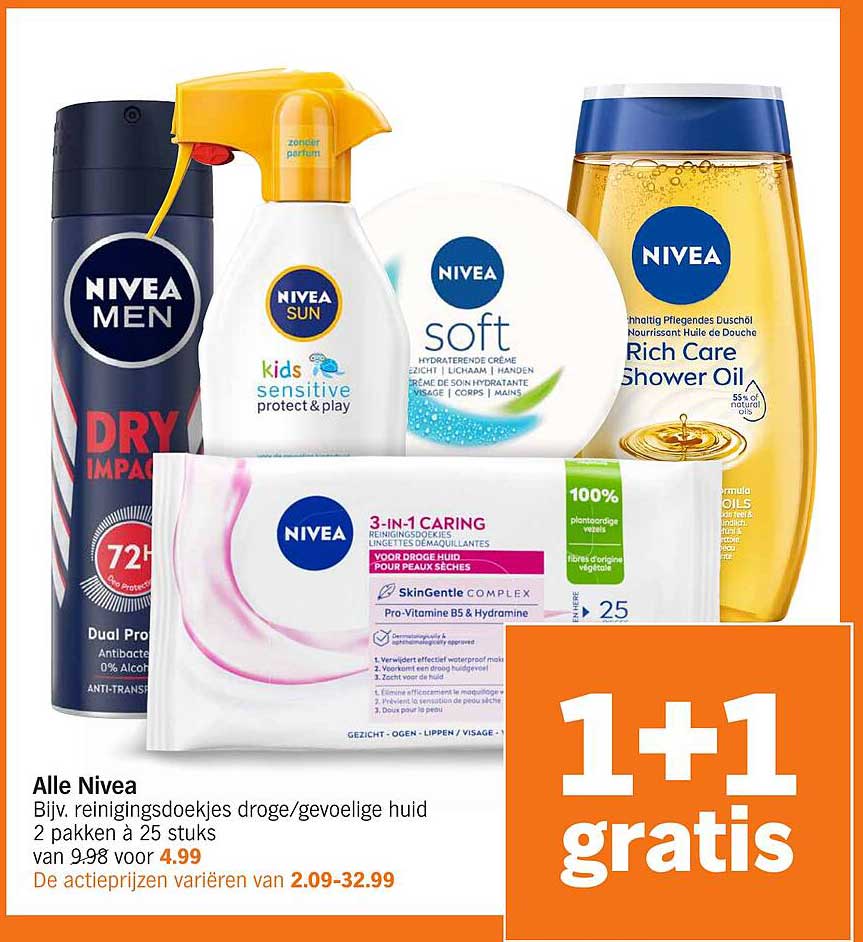Alle Nivea bijv. reinigingsdoekjes droge/gevoelige huid 2 pakken à 25 stuks