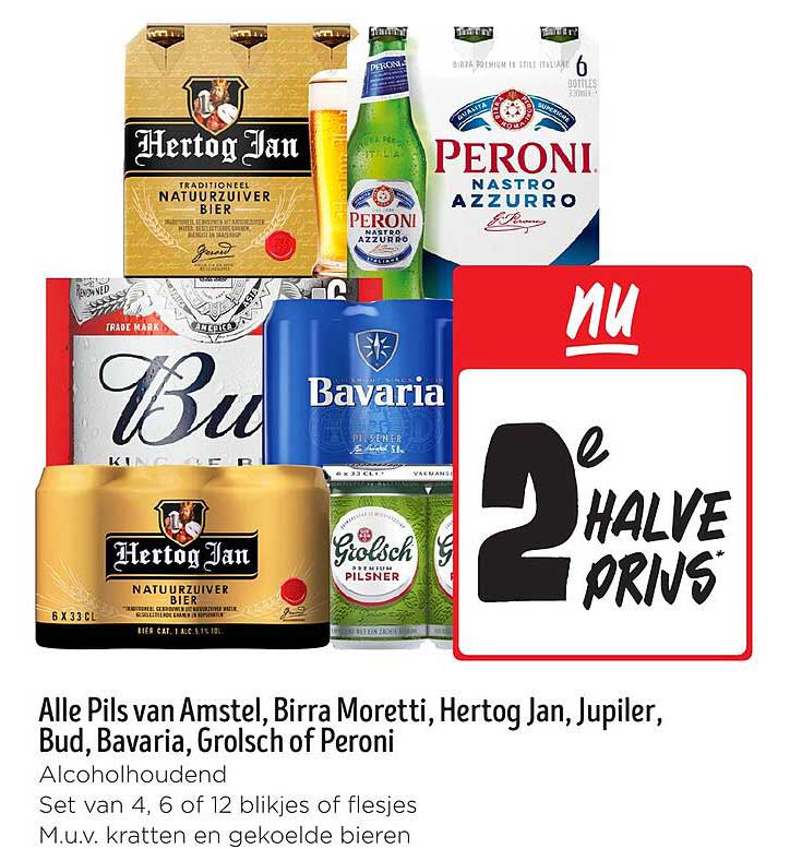 Alle Pils van Amstel, Birra Moretti, Hertog Jan, Jupiler, Bud, Bavaria, Grolsch of Peroni
