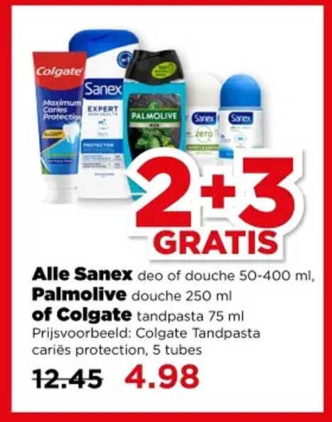 Alle Sanex deo of douche 50-400 ml, Palmolive douche 250 ml of Colgate tandpasta 75 ml