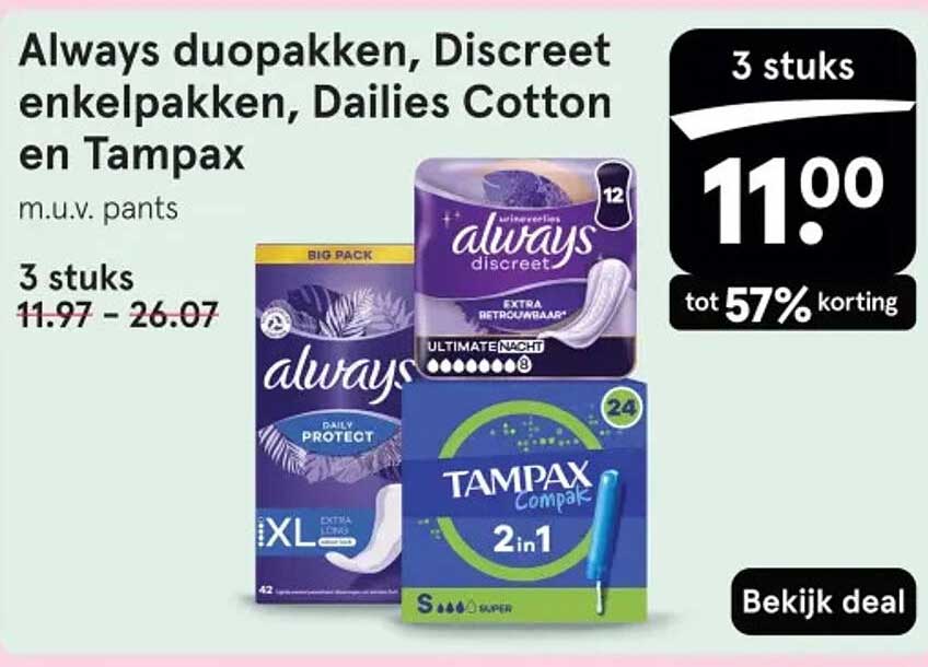 Always duopakken, Discreet enkelpakken, Dailies Cotton en Tampax