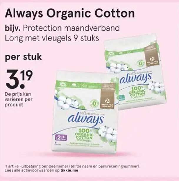 Always Organic Cotton bijv. Protection maandverband Long met vleugels 9 stuks