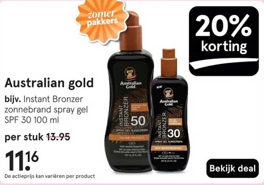 Australian gold bijv. Instant Bronzer zonnebrand spray gel SPF 30 100 ml