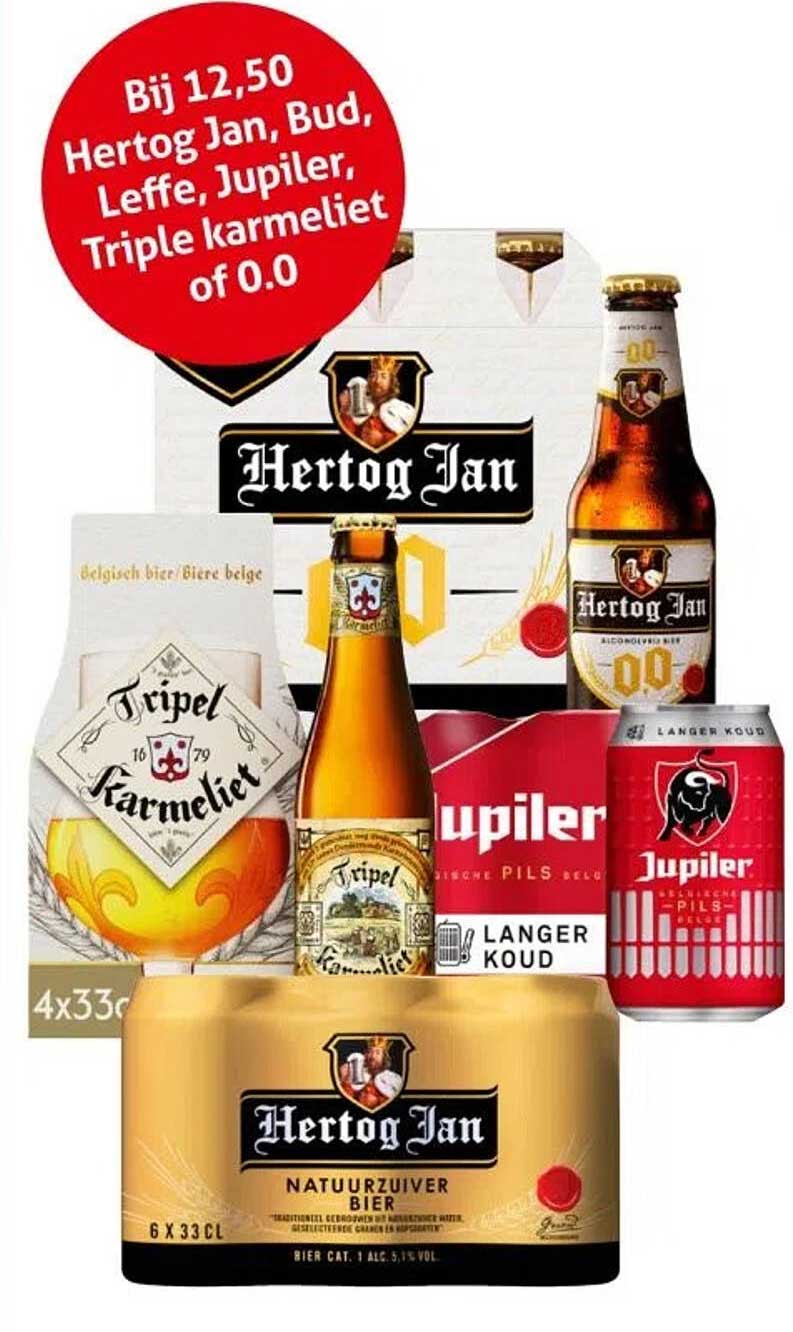 Bij 12,50 Hertog Jan, Bud, Leffe, Jupiler, Triple Karmeliet of 0.0