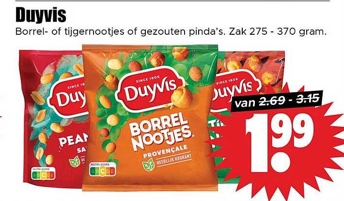 Duyvis Borrelnootjes of tijgernootjes of gezouten pinda’s. Zak 275 - 370 gram.