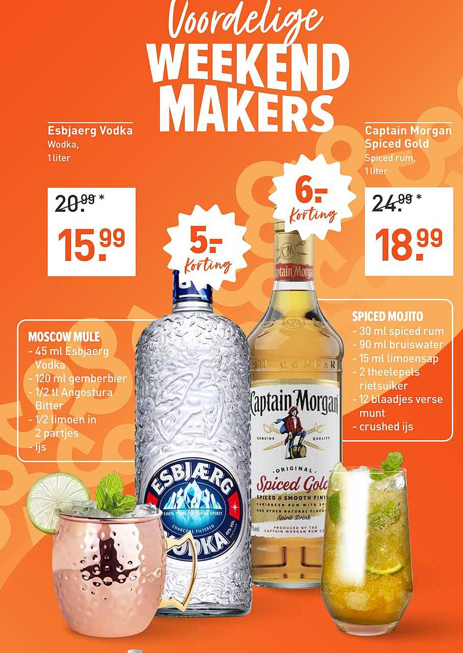 Esbjaerg Vodka 1 liter en Captain Morgan Spiced Gold 1 liter