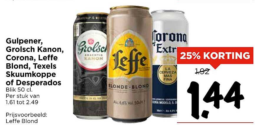 Gulpener, Grolsch Kanon, Corona, Leffe Blond, Texels Skumkoppe of Desperados - Blik 50 cl.