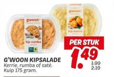 G’woon Kipsalade Kerrie, rumb of saté. Kuip 175 gram.