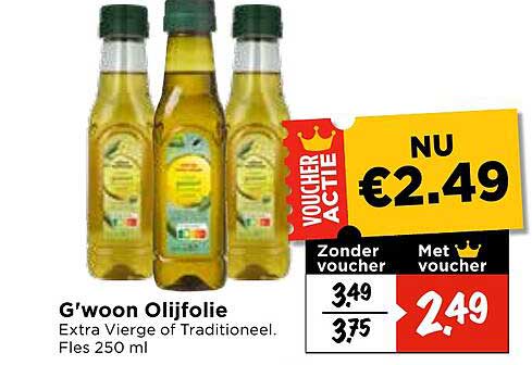G'woon Olijfolie Extra Vierge of Traditioneel. Fles 250 ml