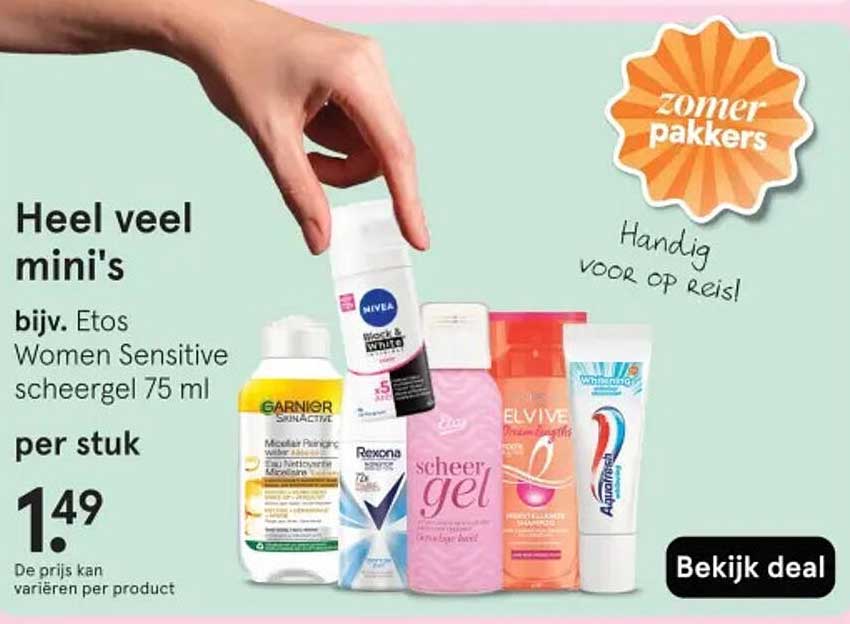 Heel veel mini's bijv. Etos Women Sensitive scheergel 75 ml