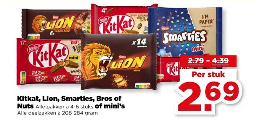 Kitkat, Lion, Smarties, Bros of Nuts Alle pakken à 4-6 stuks of mini's