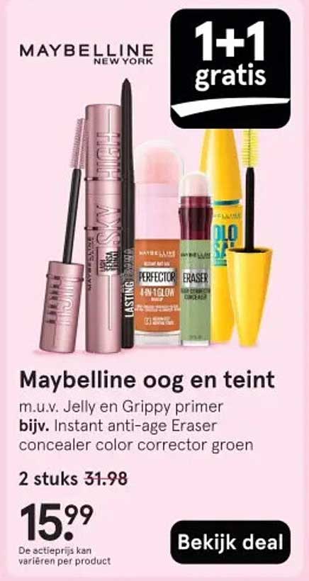 Maybelline oog en teint m.u.v. Jelly en Grippy primer bijv. Instant anti-age Eraser concealer color corrector groen