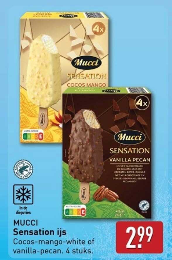 MUCCI Sensation ijs Cocos-mango-white of vanilla-pecan. 4 stuks.