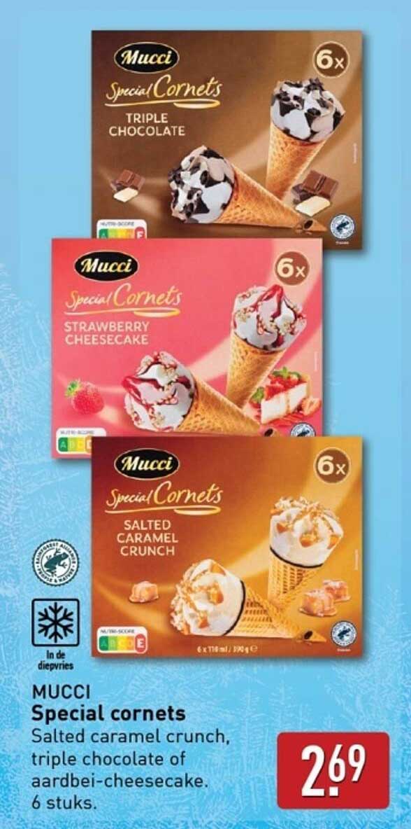 MUCCI Special Cornets - Salted Caramel Crunch, Triple Chocolate of Aardbei-Cheesecake 6 stuks
