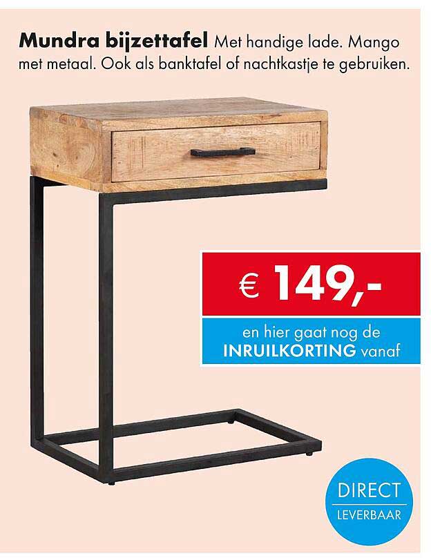 Mundra bijzettafel Met handige lade. Mango met metaal. Ook als banktafel of nachtkastje te gebruiken.