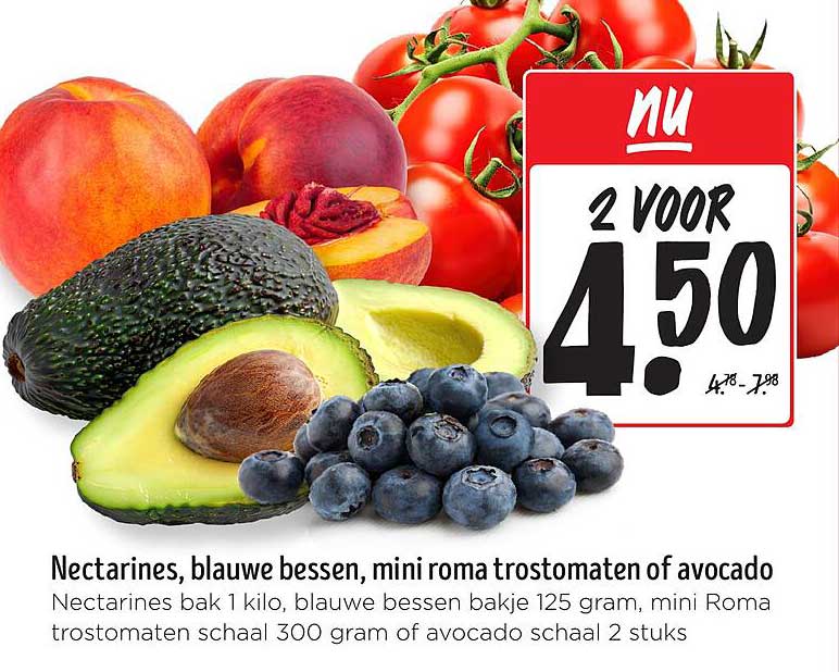 Nectarines, blauwe bessen, mini roma trostomaten of avocado