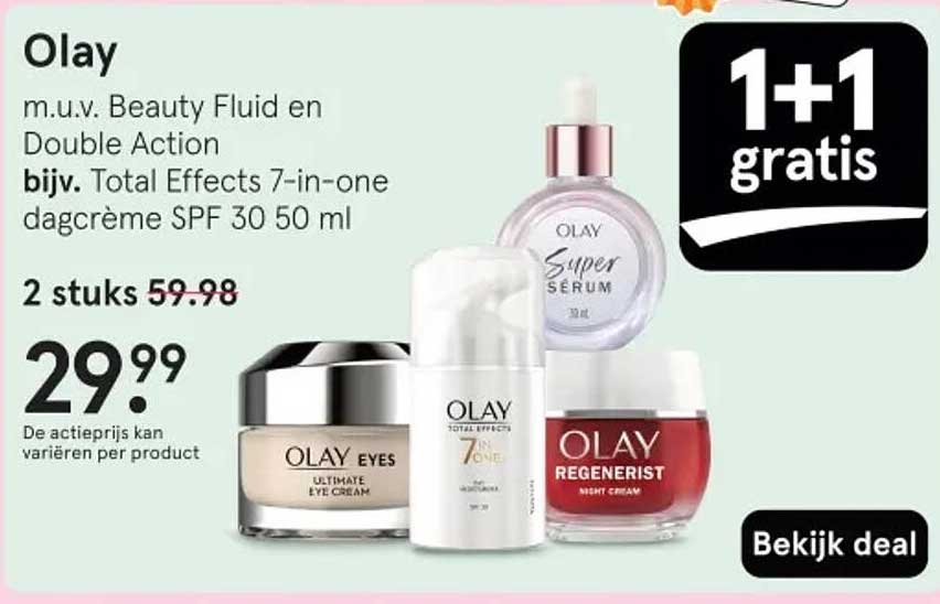 Olay m.u.v. Beauty Fluid en Double Action bijv. Total Effects 7-in-one dagcrème SPF 30 50 ml