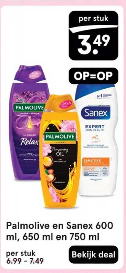 Palmolive en Sanex 600 ml, 650 ml en 750 ml per stuk