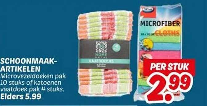 SCHOONMAAKARTIKELEN Microvezeldoeken pak 10 stuks of katoenen vaatdoek pak 4 stuks.