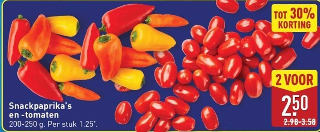 Snackpaprika's en -tomaten 200-250 g. Per stuk 1.25.