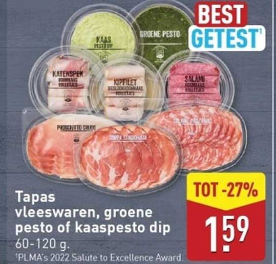 Tapas vleeswaren, groene pesto of kaas pesto dip