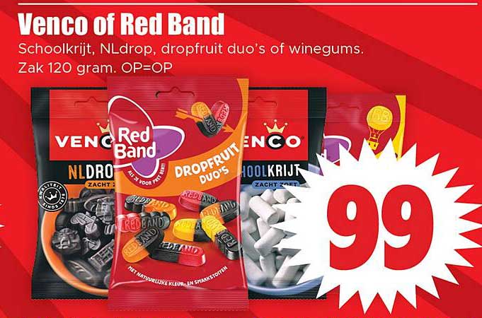 Venco of Red Band Schoolkrijt, NLdrop, dropfruit duo’s of winegums. Zak 120 gram. OP=OP