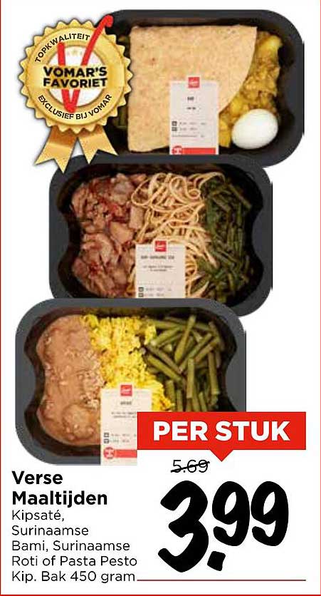 Verse Maaltijden Kipsaté, Surinaamse Bami, Surinaamse Roti of Pasta Pesto Kip. Bak 450 gram.