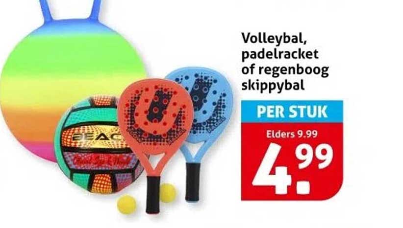 Volleyball, padelracket of regenboog skippybal
