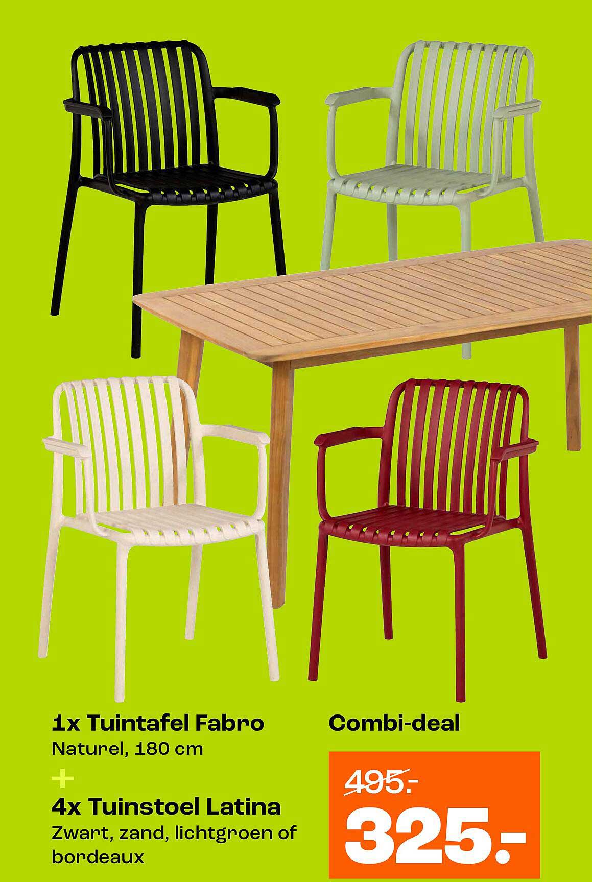 1x Tuintafel Fabro Naturel, 180 cm + 4x Tuinstoel Latina Zwart, zand, lichtgroen of bordeaux Combi-deal