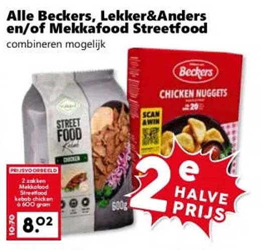 Alle Beckers, Lekker&Anders en/of Mekafood Streetfood combineren mogelijk 2e halve prijs